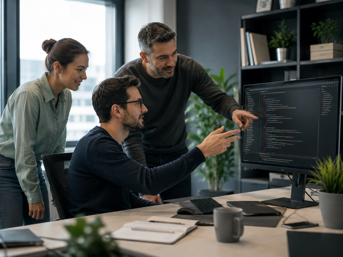 Software engineer coding with script on a monitor, two colleagues standing by helping